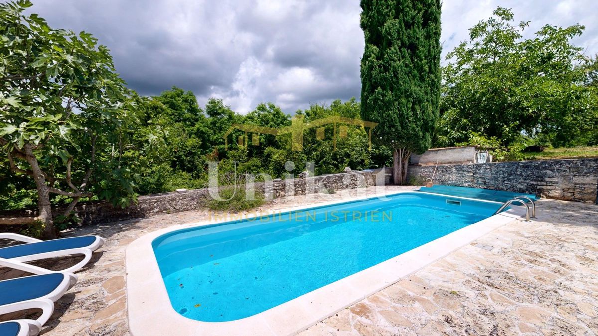 Posest z dvema kamnitima hišama - bazen in velika vrtna površina